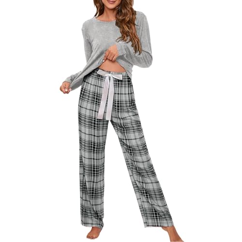 Cihdmfb Schlafanzug Damen Lang Pyjama Set Zweiteiliger Nachtwäsche mit Rundhals Sleepwear und Karierte Elastischer Bund Pyjamahose Hausanzug Freizeitanzug für Frühling Herbst(A Grau,4XL) von Cihdmfb