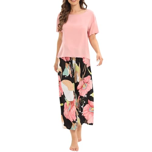 Cihdmfb Schlafanzug Damen Pyjama Lang Nachtwäsche Winter Pyjama Set Zweiteiliger Nachtwäsche Sleepwear und Vintage Blumen Print Pyjamahose Hausanzug Freizeitanzug mit Rundhalsausschnitt(A a-1,XL) von Cihdmfb