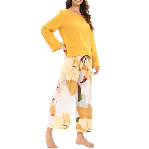 Cihdmfb Schlafanzug Damen Pyjama Lang Nachtwäsche Winter Pyjama Set Zweiteiliger Nachtwäsche Sleepwear und Vintage Blumen Print Pyjamahose Hausanzug Freizeitanzug mit Rundhalsausschnitt(B Gelb,M) von Cihdmfb