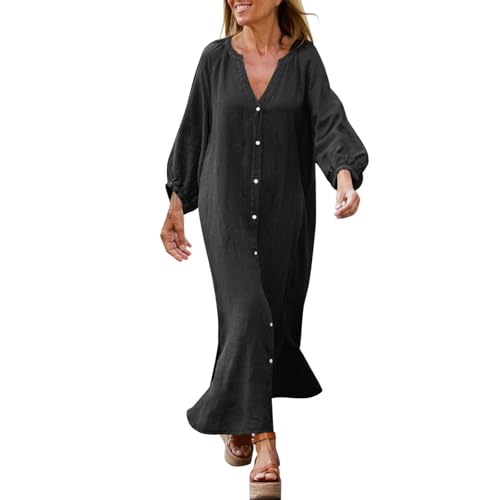 Cihdmfb Shirtkleid Damen Große Größen Langarm Blusenkleid Elegant Einfarbig Baumwolle Leinen Kleider Casual V Ausschnitt mit Knöpfen Leinenkleid Maxikleid Locker Lange Hemdkleid(A Schwarz,XXL) von Cihdmfb