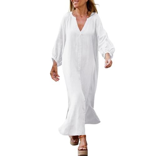 Cihdmfb Shirtkleid Damen Große Größen Langarm Blusenkleid Elegant Einfarbig Baumwolle Leinen Kleider Casual V Ausschnitt mit Knöpfen Leinenkleid Maxikleid Locker Lange Hemdkleid(A Weiß,3XL) von Cihdmfb