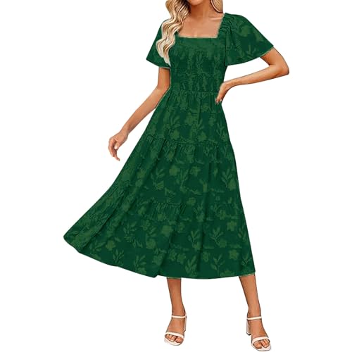 Cihdmfb Sommerkleid Damen Elegant Einfarbig Kurzarm Blusenkleid Summer V-Ausschnitt Strandkleid Lockere Passform Freizeitkleid Leicht Hohe Taille Minikleid mit Kordelzug und Taschen(GN2,M) von Cihdmfb