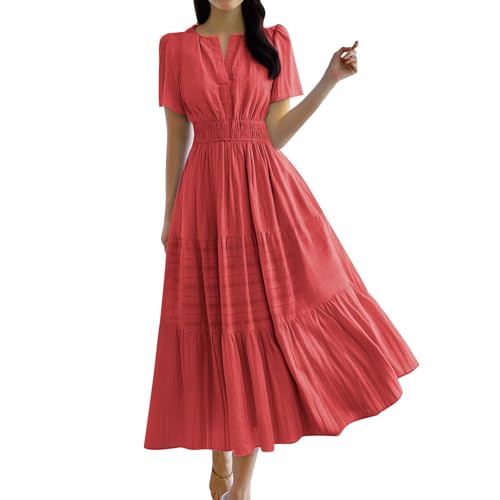 Cihdmfb Sommerkleid Damen Elegant Einfarbig Maxikleid Casual V-Ausschnitt Kurzarm Blusenkleid Elastiche Taille Freizeitkleid Summer High Waist A Linie Ruffle Kleider Freizeitkleider(A Rot,XXL) von Cihdmfb