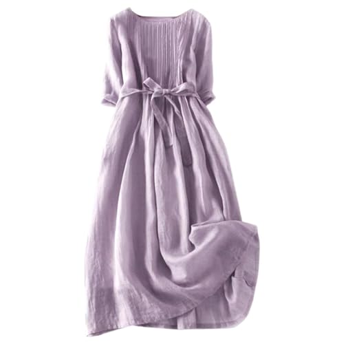 Cihdmfb Sommerkleid Damen Elegant Sommer Blumen Drukcken Knielang Leinen Kleider Casual Lose Strandkleid Partykleid Rundhals Kurzarm Vintage Kleid Shirtkleider Freizeitkleid(A Lila,M) von Cihdmfb