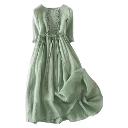 Cihdmfb Sommerkleid Damen Elegant Sommer Blumen Drukcken Knielang Leinen Kleider Casual Lose Strandkleid Partykleid Rundhals Kurzarm Vintage Kleid Shirtkleider Freizeitkleid(B Grün,3XL) von Cihdmfb