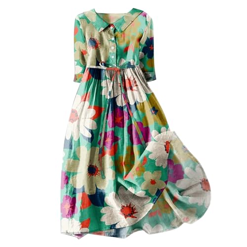 Cihdmfb Sommerkleid Damen Elegant Sommer Blumen Drukcken Knielang Leinen Kleider Casual Lose Strandkleid Partykleid Rundhals Kurzarm Vintage Kleid Shirtkleider Freizeitkleid(K Mintgrün,L) von Cihdmfb