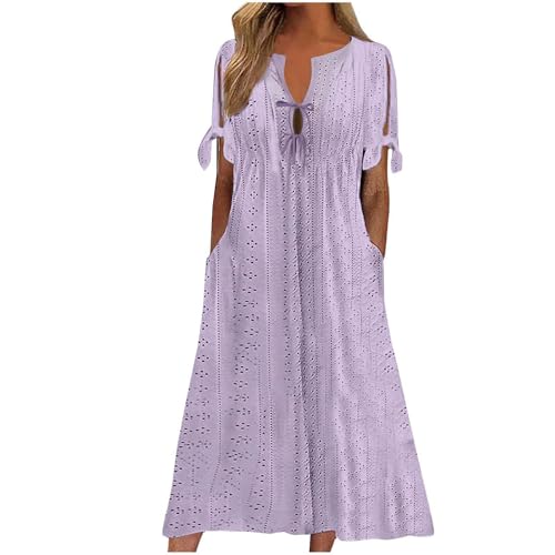 Cihdmfb Sommerkleid Damen Große Größen Einfarbig Kurzen Ärmeln Strandkleider V-Ausschnitt Lace Up Maxikleid Leicht und Luftig Blusenkleid A Linie Lange Kleider mit Taschen(A Lila,L) von Cihdmfb