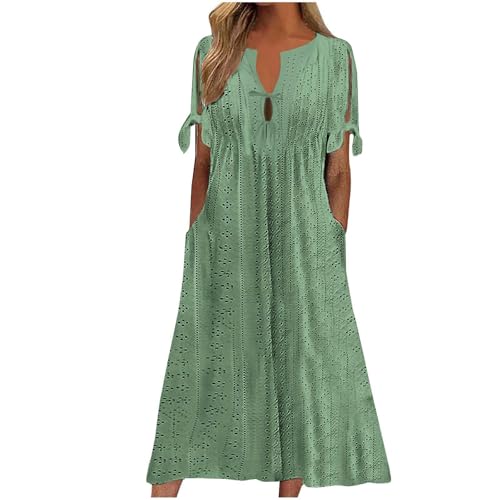 Cihdmfb Sommerkleid Damen Große Größen Einfarbig Kurzen Ärmeln Strandkleider V-Ausschnitt Lace Up Maxikleid Leicht und Luftig Blusenkleid A Linie Lange Kleider mit Taschen(A Mintgrün,3XL) von Cihdmfb