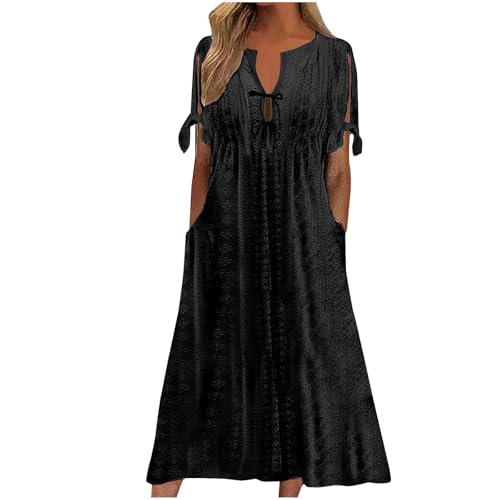 Cihdmfb Sommerkleid Damen Große Größen Einfarbig Kurzen Ärmeln Strandkleider V-Ausschnitt Lace Up Maxikleid Leicht und Luftig Blusenkleid A Linie Lange Kleider mit Taschen(A Schwarz,XL) von Cihdmfb