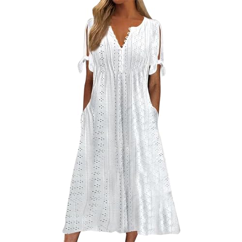 Cihdmfb Sommerkleid Damen Große Größen Lange Blusenkleid Sommer V-Ausschnitt Kurzarm Shirtkleid Basic Solide Cut Outs T-Shirt Kleid Casual Locker A-Linie Kleider Freizeitkleid Maxikleid(A Weiß,XL) von Cihdmfb