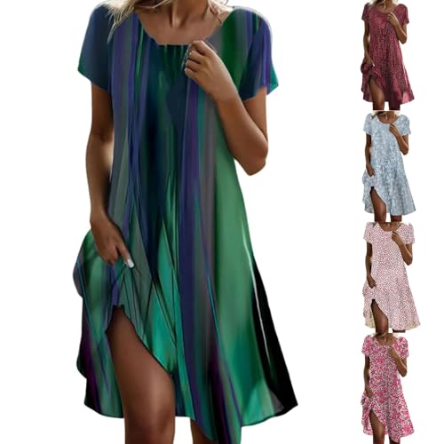 Cihdmfb Sommerkleid Damen Große Größen Locker Blusenkleid Vintage Blumen Drucken Tshirt Kleider Casual Kurzarm Rundhals Tunikakleid Leichte Bequeme Freizeitkleid Oversized Midikleid(A A,L) von Cihdmfb