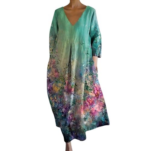 Cihdmfb Sommerkleid Damen Große Größen Sommer V-Ausschnitt 3/4 Ärmel Strandkleider Maxikleid Vintage Blumen Drucken Lange Blusenkleid Tunika Kleider Leicht Bequeme Freizeitkleider(A Grün,3XL) von Cihdmfb