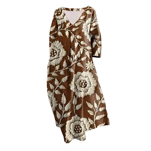 Cihdmfb Sommerkleid Damen Große Größen Sommer V-Ausschnitt 3/4 Ärmel Strandkleider Maxikleid Vintage Blumen Drucken Lange Blusenkleid Tunika Kleider Leicht Bequeme Freizeitkleider(A Kaffee,XL) von Cihdmfb