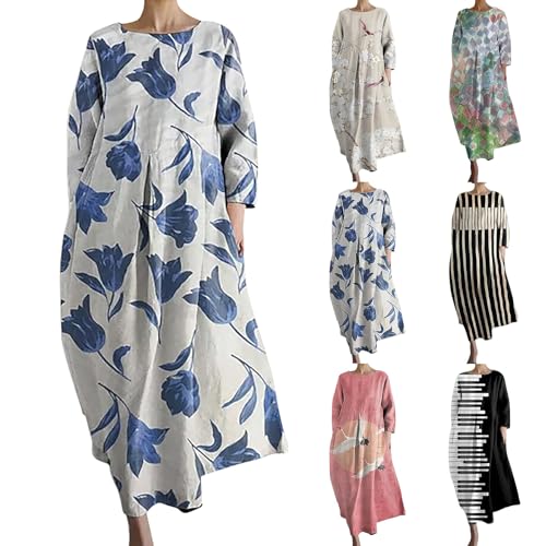 Cihdmfb Sommerkleid Damen Große Größen Sommer V-Ausschnitt 3/4 Ärmel Strandkleider Maxikleid Vintage Blumen Drucken Lange Blusenkleid Tunika Kleider Leicht Bequeme Freizeitkleider(B Blau,XXL) von Cihdmfb