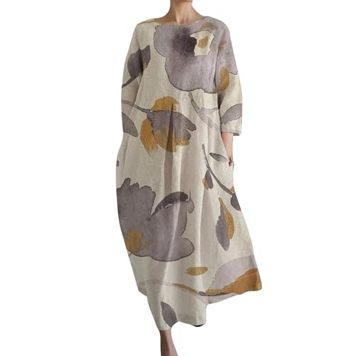 Cihdmfb Sommerkleid Damen Große Größen Sommer V-Ausschnitt 3/4 Ärmel Strandkleider Maxikleid Vintage Blumen Drucken Lange Blusenkleid Tunika Kleider Leicht Bequeme Freizeitkleider(C Beige,M) von Cihdmfb