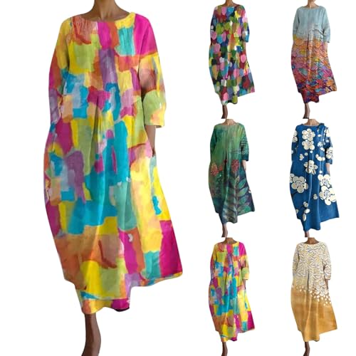 Cihdmfb Sommerkleid Damen Große Größen Sommer V-Ausschnitt 3/4 Ärmel Strandkleider Maxikleid Vintage Blumen Drucken Lange Blusenkleid Tunika Kleider Leicht Bequeme Freizeitkleider(E Heißes Rosa,3XL) von Cihdmfb