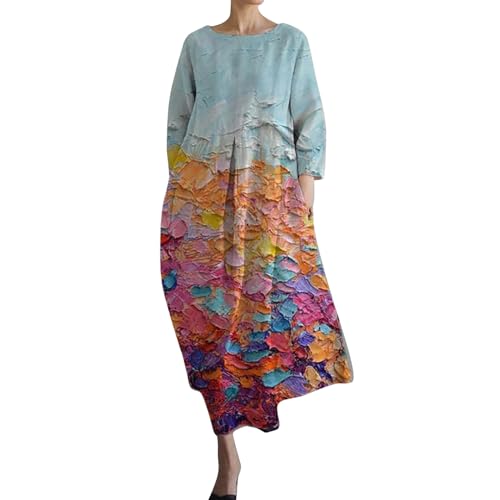 Cihdmfb Sommerkleid Damen Große Größen Sommer V-Ausschnitt 3/4 Ärmel Strandkleider Maxikleid Vintage Blumen Drucken Lange Blusenkleid Tunika Kleider Leicht Bequeme Freizeitkleider(E Hellblau,XL) von Cihdmfb