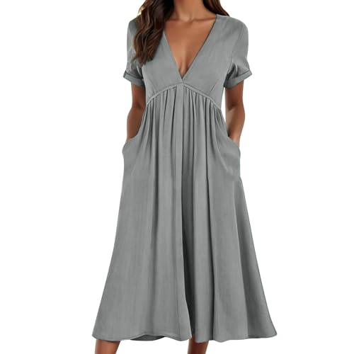Cihdmfb Sommerkleid Damen Große Größen V-Ausschnitt Kurzarm T-Shirt Kleider Lang Strandkleid Sommer Basic Einfarbig Freizeitkleid A-Linie Kleid Maxikleid Leicht und Luftig mit Taschen(B Grau,L) von Cihdmfb