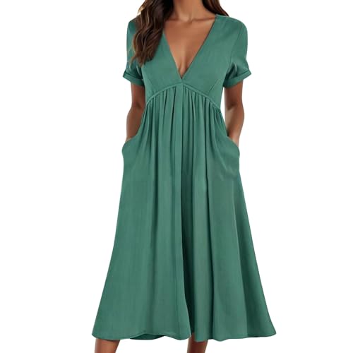 Cihdmfb Sommerkleid Damen Große Größen V-Ausschnitt Kurzarm T-Shirt Kleider Lang Strandkleid Sommer Basic Einfarbig Freizeitkleid A-Linie Kleid Maxikleid Leicht und Luftig mit Taschen(B Grün,XL) von Cihdmfb