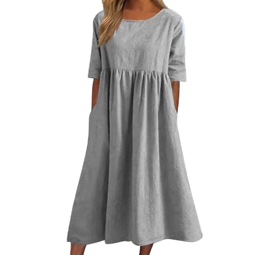 Cihdmfb Sommerkleid Damen Große Größen V-Ausschnitt Kurzarm T-Shirt Kleider Lang Strandkleid Sommer Basic Einfarbig Freizeitkleid A-Linie Kleid Maxikleid Leicht und Luftig mit Taschen(C Grau,XL) von Cihdmfb