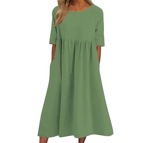 Cihdmfb Sommerkleid Damen Große Größen V-Ausschnitt Kurzarm T-Shirt Kleider Lang Strandkleid Sommer Basic Einfarbig Freizeitkleid A-Linie Kleid Maxikleid Leicht und Luftig mit Taschen(C Grün,3XL) von Cihdmfb