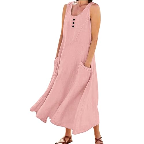 Cihdmfb Sommerkleid Damen Lange Baumwolle Leinen Kleid Elegant Einfarbig Blusenkleid Maxikleider Summer Rundhals Ärmellos Tankkleid Tshirt Kleider Oversized Strandkleid mit Taschen(E-Rosa,4XL) von Cihdmfb