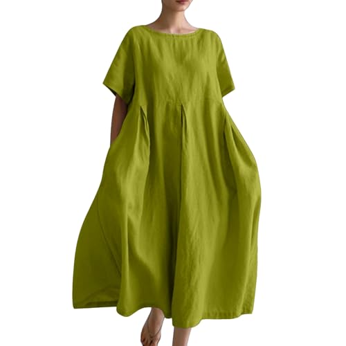 Cihdmfb Sommerkleid Damen Plus Size Locker Maxikleid Basic Einfarbig Kurzarm Leinenkleid Damen Casual Lose T-Shirt Kleid Blusenkleid mit Tasche Kurzärmliges A-Linien Kleider Strandkleid(E Grün,5XL) von Cihdmfb