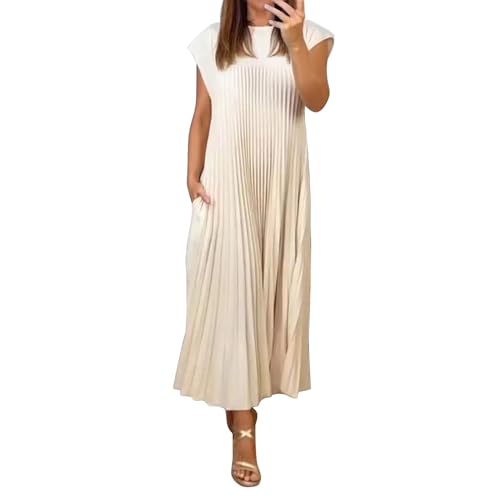 Cihdmfb Sommerkleid Damen Sommer Plissee Maxikleid Rundhalsausschnitt Kurzarm Lässige Lose T-Shirt Kleider Tunikakleid Elegant Einfarbig Freizeitkleid Strand Stil Lange Urlaub Kleid(A Beige,3XL) von Cihdmfb