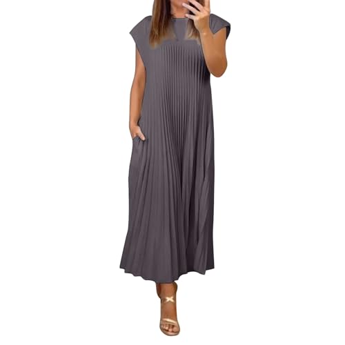Cihdmfb Sommerkleid Damen Sommer Plissee Maxikleid Rundhalsausschnitt Kurzarm Lässige Lose T-Shirt Kleider Tunikakleid Elegant Einfarbig Freizeitkleid Strand Stil Lange Urlaub Kleid(A Grau,XL) von Cihdmfb