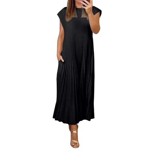 Cihdmfb Sommerkleid Damen Sommer Plissee Maxikleid Rundhalsausschnitt Kurzarm Lässige Lose T-Shirt Kleider Tunikakleid Elegant Einfarbig Freizeitkleid Strand Stil Lange Urlaub Kleid(A Schwarz,3XL) von Cihdmfb