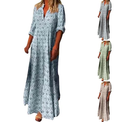 Cihdmfb Sommerkleid Damen Sommer V-Ausschnitt Langarm Strandkleider Freizeit Lose Lange Boho Blumenkleid Maxikleid Vintage Blumenmuster Tunikakleider Freizeitkleid A-Linie Kleid(A Blau,XL) von Cihdmfb