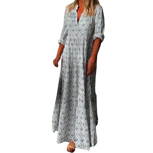 Cihdmfb Sommerkleid Damen Sommer V-Ausschnitt Langarm Strandkleider Freizeit Lose Lange Boho Blumenkleid Maxikleid Vintage Blumenmuster Tunikakleider Freizeitkleid A-Linie Kleid(A Grau,XXL) von Cihdmfb