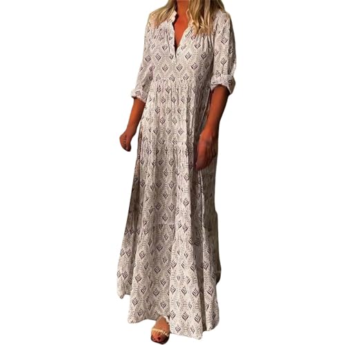 Cihdmfb Sommerkleid Damen Sommer V-Ausschnitt Langarm Strandkleider Freizeit Lose Lange Boho Blumenkleid Maxikleid Vintage Blumenmuster Tunikakleider Freizeitkleid A-Linie Kleid(A Rot,XL) von Cihdmfb