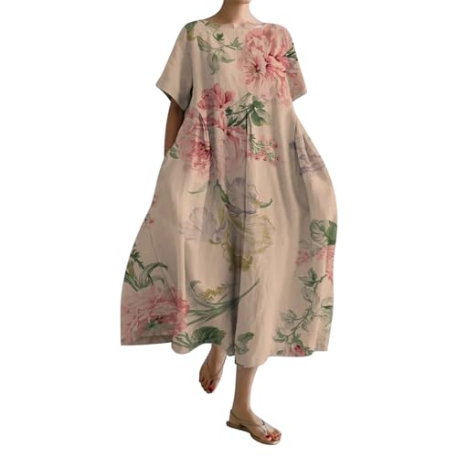 Cihdmfb Sommerkleid Damen Sommer Vintage Blumen Print Lange Blusenkleid Tunika Kleider Große Größen Rundhals 3/4 Ärmel Strandkleider Casual Sommerkleider Maxikleid Lose Freizeitkleider(B Rosa,L) von Cihdmfb