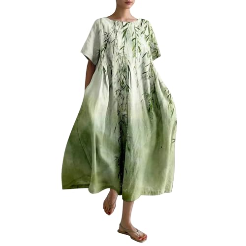 Cihdmfb Sommerkleid Damen Sommer Vintage Blumen Print Lange Blusenkleid Tunika Kleider Große Größen Rundhals 3/4 Ärmel Strandkleider Casual Sommerkleider Maxikleid Lose Freizeitkleider(E Grün,5XL) von Cihdmfb