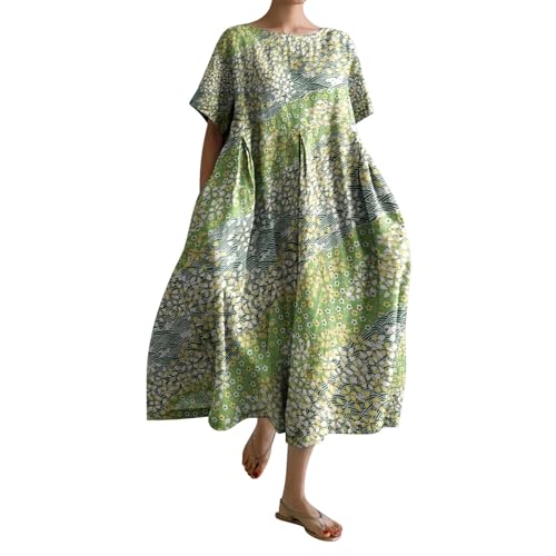 Cihdmfb Sommerkleid Damen Sommer Vintage Blumen Print Lange Blusenkleid Tunika Kleider Große Größen Rundhals 3/4 Ärmel Strandkleider Casual Sommerkleider Maxikleid Lose Freizeitkleider(E AG,3XL) von Cihdmfb