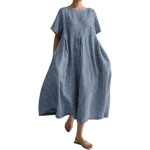 Cihdmfb Sommerkleid Damen Sommer Vintage Blumen Print Lange Blusenkleid Tunika Kleider Große Größen Rundhals 3/4 Ärmel Strandkleider Casual Sommerkleider Maxikleid Lose Freizeitkleider(F b-1,3XL) von Cihdmfb