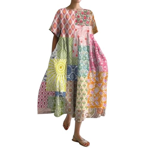 Cihdmfb Sommerkleid Damen Sommer Vintage Blumen Print Lange Blusenkleid Tunika Kleider Große Größen Rundhals 3/4 Ärmel Strandkleider Casual Sommerkleider Maxikleid Lose Freizeitkleider(G Rosa,3XL) von Cihdmfb