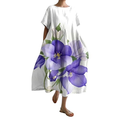 Cihdmfb Sommerkleid Damen Sommer Vintage Blumen Print Lange Blusenkleid Tunika Kleider Große Größen Rundhals 3/4 Ärmel Strandkleider Casual Sommerkleider Maxikleid Lose Freizeitkleider(H Hellblau,M) von Cihdmfb