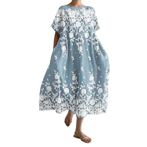 Cihdmfb Sommerkleid Damen Sommer Vintage Blumen Print Lange Blusenkleid Tunika Kleider Große Größen Rundhals 3/4 Ärmel Strandkleider Casual Sommerkleider Maxikleid Lose Freizeitkleider(I d-1,XXL) von Cihdmfb