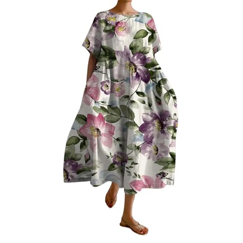 Cihdmfb Sommerkleid Damen Sommer Vintage Blumen Print Lange Blusenkleid Tunika Kleider Große Größen Rundhals 3/4 Ärmel Strandkleider Casual Sommerkleider Maxikleid Lose Freizeitkleider(N Grau,4XL) von Cihdmfb