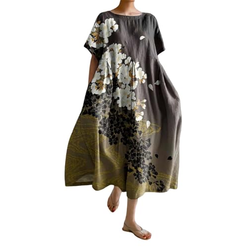 Cihdmfb Sommerkleid Damen Sommer Vintage Blumen Print Lange Blusenkleid Tunika Kleider Große Größen Rundhals 3/4 Ärmel Strandkleider Casual Sommerkleider Maxikleid Lose Freizeitkleider(N Violett,XXL) von Cihdmfb