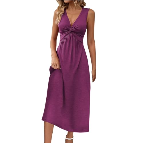 Cihdmfb Sommerkleid Damen Twist Tief V-Ausschnitt Ärmellos Shirtkleid Freizeitkleid Elegant Einfarbig Midikleid Bequeme Leichte Blusenkleid Lockere Passform Club Party Wickelkleider(B RD2,XXL) von Cihdmfb