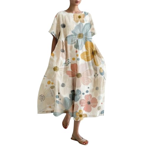 Cihdmfb Sommerkleid Damen Vintage Blumen Druck Lange Maxikleid Damen Große Größen Rundhals Kurzarm Strandkleider Leicht Bequeme Blusenkleid Freizeitkleider Casual Lose Tunika Kleider(F Weiß,3XL) von Cihdmfb
