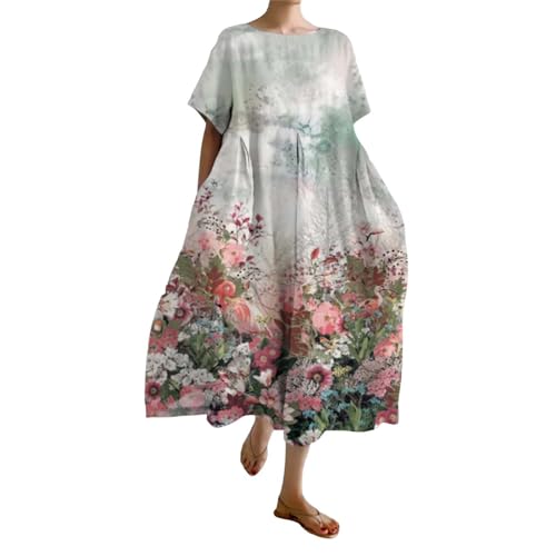 Cihdmfb Sommerkleid Damen Vintage Blumen Druck Lange Maxikleid Damen Große Größen Rundhals Kurzarm Strandkleider Leicht Bequeme Blusenkleid Freizeitkleider Casual Lose Tunika Kleider(J Weiß,XXL) von Cihdmfb