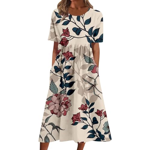 Cihdmfb Sommerkleid Damen Vintage Blumen Druck Maxikleid Casual V-Ausschnitt mit Knopfleiste Kurzarm Strandkleid Lose Festliche Kleider Leicht Und Luftig Lange Swing Kleid Freizeitkleid(D Khaki,L) von Cihdmfb