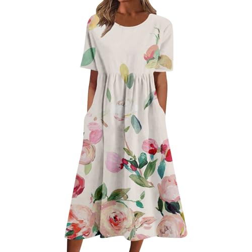 Cihdmfb Sommerkleid Damen Vintage Blumen Druck Maxikleid Casual V-Ausschnitt mit Knopfleiste Kurzarm Strandkleid Lose Festliche Kleider Leicht Und Luftig Lange Swing Kleid Freizeitkleid(D Weiß,XL) von Cihdmfb