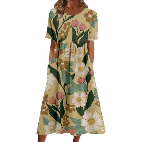 Cihdmfb Sommerkleid Damen Vintage Blumen Druck Maxikleid Casual V-Ausschnitt mit Knopfleiste Kurzarm Strandkleid Lose Festliche Kleider Leicht Und Luftig Lange Swing Kleid Freizeitkleid(E Khaki,XXL) von Cihdmfb
