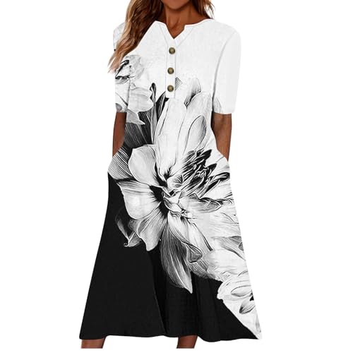 Cihdmfb Sommerkleid Damen Vintage Blumen Druck Maxikleid Casual V-Ausschnitt mit Knopfleiste Kurzarm Strandkleid Lose Festliche Kleider Leicht Und Luftig Lange Swing Kleid Freizeitkleid(F AH,XL) von Cihdmfb
