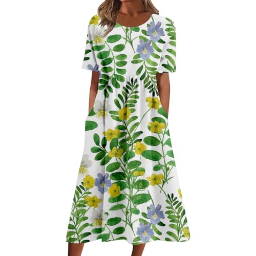Cihdmfb Sommerkleid Damen Vintage Blumen Druck Maxikleid Casual V-Ausschnitt mit Knopfleiste Kurzarm Strandkleid Lose Festliche Kleider Leicht Und Luftig Lange Swing Kleid Freizeitkleid(F Grün,4XL) von Cihdmfb